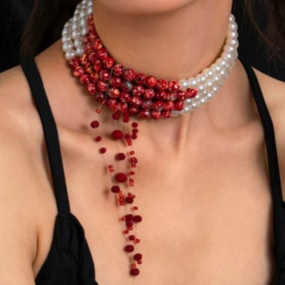 Bloody Pearl Vampire Bite Bead Choker Necklace Halloween Horror Cosplay Jewelry - Picture 1 of 3